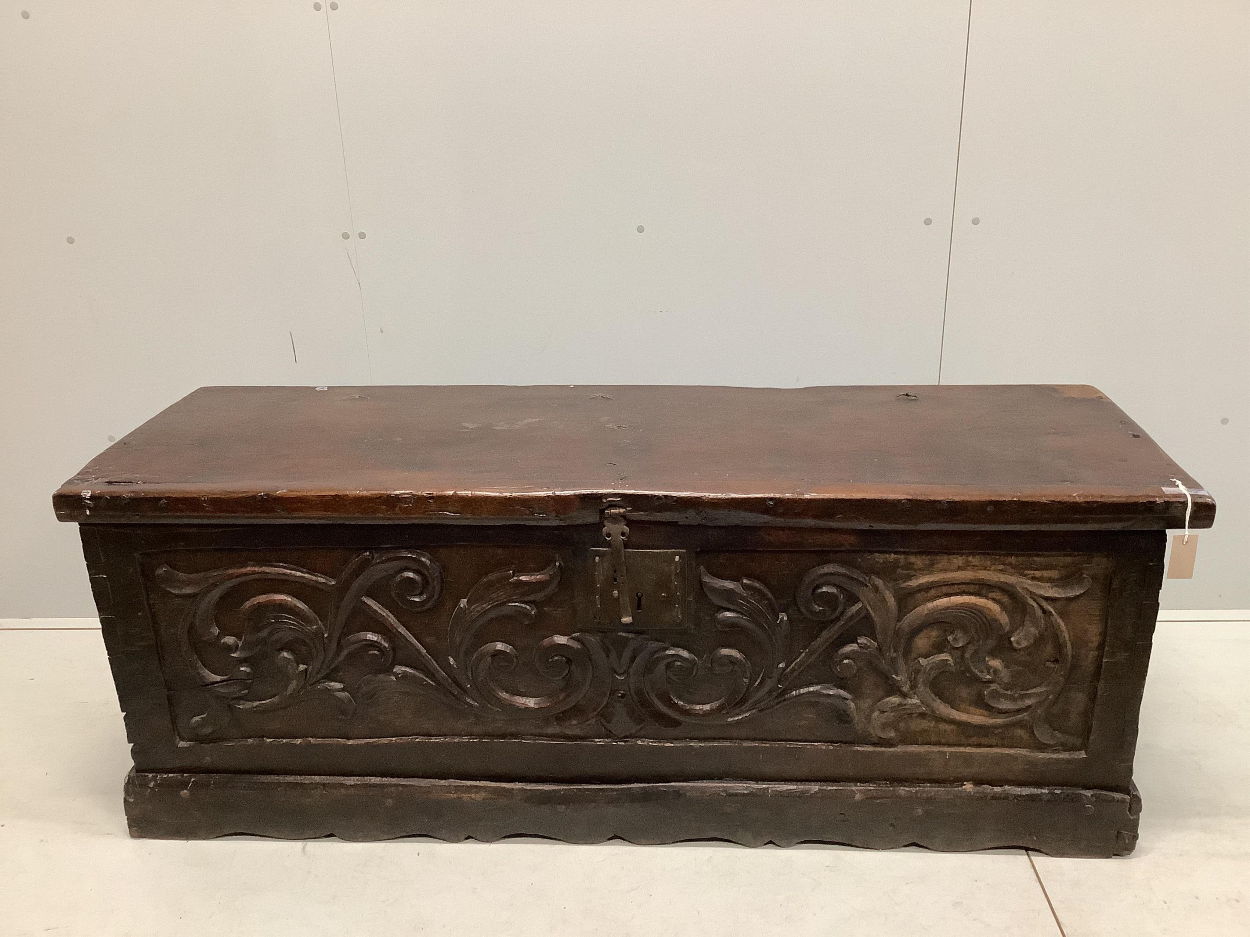 An 18th century Spanish oak coffer, width 172cm, depth 54cm, height 65cm. Condition - poor to fair